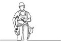 One single line drawing of young handyman wearing helmet while holding drill machine. Handsome handyman using drill machine to