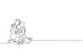 One single line drawing of young happy Arabian mother and father hugging their daughter girl on the floor vector illustration.