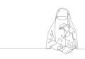 One single line drawing of young happy beauty saudi arabian muslimah wearing burqa and sitting on chair. Traditional Arabian woman