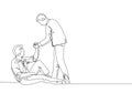 One single line drawing of young happy business man helping his bankrupt partner who lay down on the ground to support to rise up