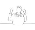 One single line drawing of young happy business man sitting on chair and open laptop to read business contract agreement. Business Royalty Free Stock Photo