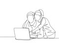 One single line drawing of young happy couple embracing and hugging romantic in front of computer discussing business. Couple