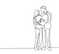 One single line drawing of young happy couple man and woman holding heart shape pillow and smiling each other. Romantic marriage Royalty Free Stock Photo