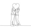 One single line drawing of young happy couple man and woman kissing and covered by heart shape balloon celebrating their marriage