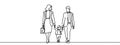 One single line drawing of young happy family mom and dad lead their son walking together holding his hands vector