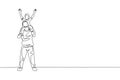 One single line drawing of young happy father playing together and lifting his son on the shoulder vector graphic illustration.
