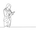 One single line drawing of young happy female business manager holding clipboard and write to do list paper. Job desk checklist