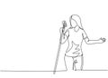 One single line drawing of young happy female singer holding a microphone and singing on music concert. Musician artist Royalty Free Stock Photo