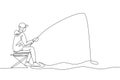 One single line drawing young happy fisher man siting relax and flyfishing at the riverside vector illustration graphic. Holiday