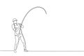 One single line drawing of young happy fisher man standing and flyfishing at the riverside vector graphic illustration. Holiday