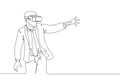 One single line drawing of young happy gamer business man playing virtual reality at the office. Smart technology futuristic game