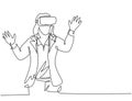 One single line drawing of young happy gamer business woman wearing virtual reality helmet and try to touch. Smart technology