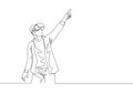 One single line drawing of young happy gamer businessman wearing virtual reality glasses and pointing finger. Smart technology