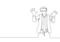 One single line drawing of young happy gamer businessman wearing virtual reality helmet and try to touch wall. Smart technology