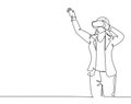 One single line drawing of young happy gamer businesswoman wearing virtual reality glasses and pointing finger. Smart technology