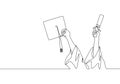 One single line drawing of young happy graduate college students lift up a graduation letter paper roll and cap