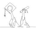 One single line drawing of young happy graduate college students lift up a graduation letter paper roll and cap. Graduate from Royalty Free Stock Photo