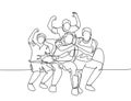 One single line drawing of young happy group fans siting on sofa and watching their favorite club playing the match on the