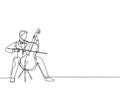 One single line drawing of young happy male cellist performing to play cello on classical orchestra concert. Musician artist