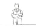 One single line drawing of young happy male doctor pose standing while hold a stethoscope and cross hands on chest. Medical