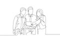 One single line drawing of young happy male and female workers talking about company project together while opening document Royalty Free Stock Photo