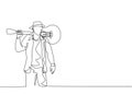 One single line drawing of young happy male guitarist standing while put the guitar on his shoulder. Trendy musician artist Royalty Free Stock Photo
