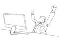 One single line drawing of young happy male manager sitting on chair and clenched fist raised in the air in front of computer. Royalty Free Stock Photo