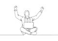 One single line drawing of young happy male manager sitting on floor and clenched fist raise in the air while on a laptop Royalty Free Stock Photo