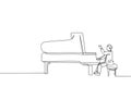 One single line drawing of young happy male pianist playing classic grand piano on music concert festival stage. Musician artist