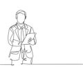 One single line drawing of young happy male worker standing while write business lesson from mentor on paper at clipboard.