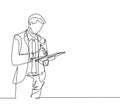 One single line drawing of young happy male worker standing while write business lesson from mentor on paper at clipboard.