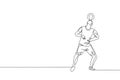 One single line drawing of young happy man perform soccer freestyle, keep the ball on head at the city square vector illustration Royalty Free Stock Photo