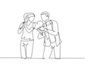 One single line drawing of young happy man propose pretty woman with heart shape gift at outside park. Romantic marriage propose