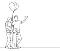 One single line drawing of young happy man and woman couple take a walk together and holding a heart shaped balloon. Romantic