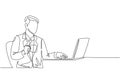 One single line drawing of young happy manager typing on a laptop keyboard while holding a cup of coffee on his hand. Drinking tea