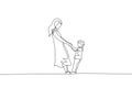 One single line drawing young happy mom and her son holding hands and dancing together graphic vector illustration. Parenting