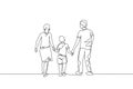 One single line drawing of young happy mother and father lead their son walking together, holding his hands graphic vector