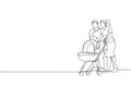 One single line drawing of young happy mother and father pushing baby trolley together ah outdoor park graphic vector illustration