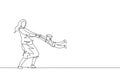One single line drawing of young happy mother lifting and spinning her son up in the air at home vector illustration. Parenting Royalty Free Stock Photo