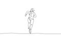 One single line drawing of young happy runner woman wearing hoodie exercise to improve stamina vector illustration. Healthy