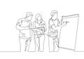 One single line drawing of young happy startup members discussing company growth and writing at flip chart. Business presentation Royalty Free Stock Photo