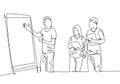One single line drawing of young happy startup members discussing company growth and writing at flip chart. Business presentation