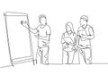 One single line drawing of young happy startup members discussing company growth and writing at flip chart. Business presentation Royalty Free Stock Photo