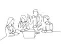 One single line drawing of young happy startup workers facing laptop computer to listen the CEO presenting business plan. Business Royalty Free Stock Photo