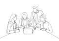 One single line drawing of young happy startup workers facing laptop computer to listen the CEO presenting business plan Royalty Free Stock Photo