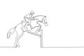 One single line drawing of young horse rider man performing dressage jumping the hurdle test vector illustration graphic.