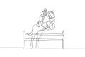 One single line drawing young horse rider man performing dressage jumping the obstacle test vector illustration graphic. Royalty Free Stock Photo