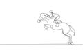 One single line drawing of young horse rider man performing dressage jumping test vector graphic illustration. Equestrian sport Royalty Free Stock Photo