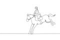 One single line drawing of young horse rider man performing dressage jumping test vector illustration graphic. Equestrian sport