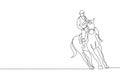 One single line drawing of young horse rider man performing dressage running test graphic vector illustration. Equestrian sport